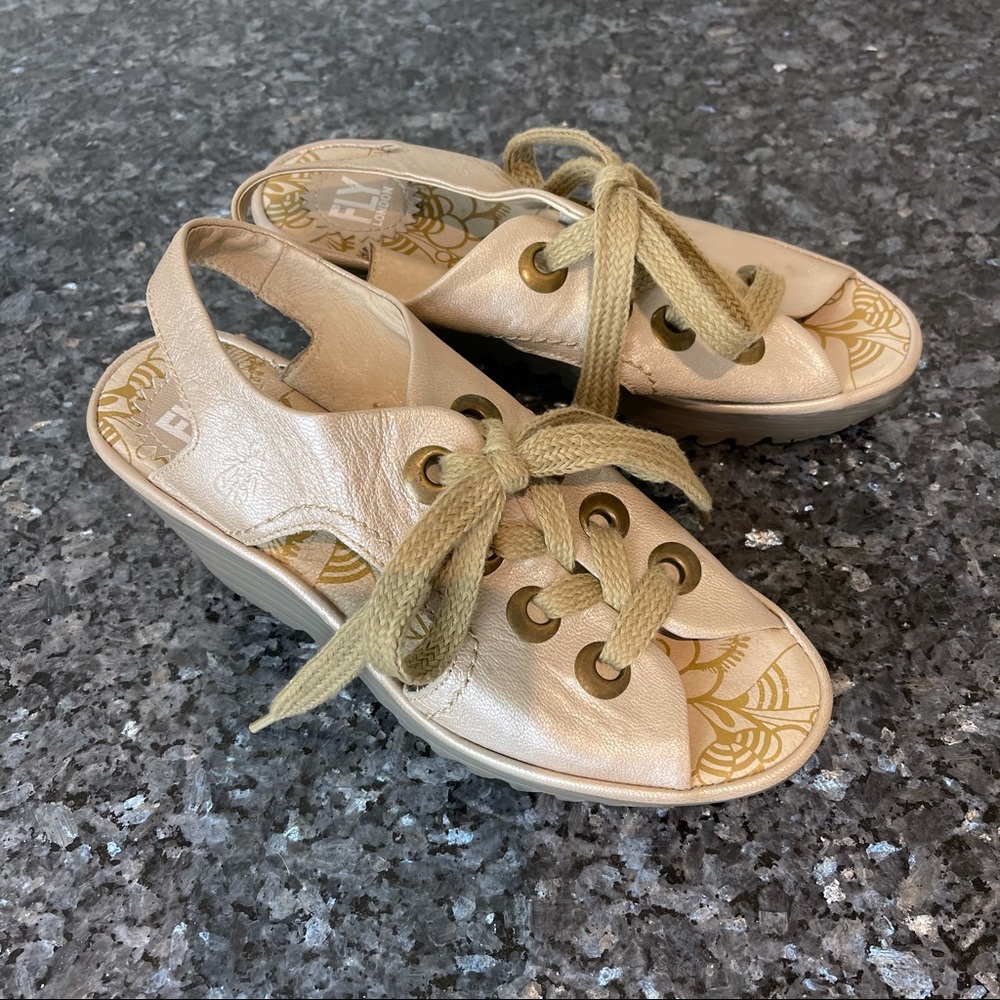 Fly London lace up wedge sandal gold comfort shoe